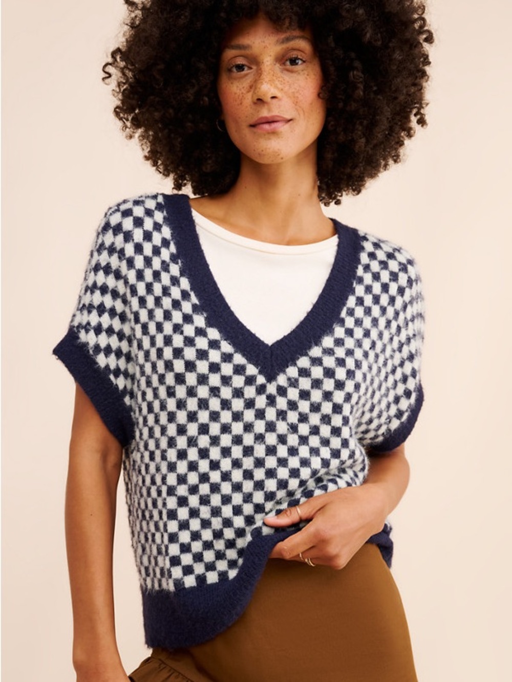 Free People Through The Motions Navy Blue White Checkerboard V-Neck Boxy Sweater